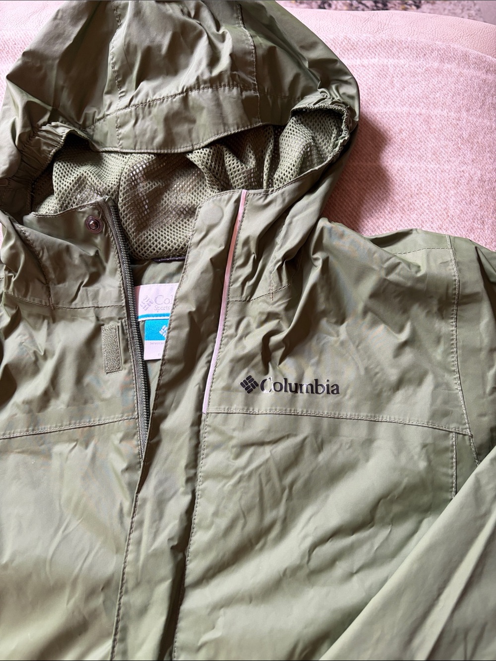 Columbia Kids Olive Hooded Rain Jacket with silver Trim